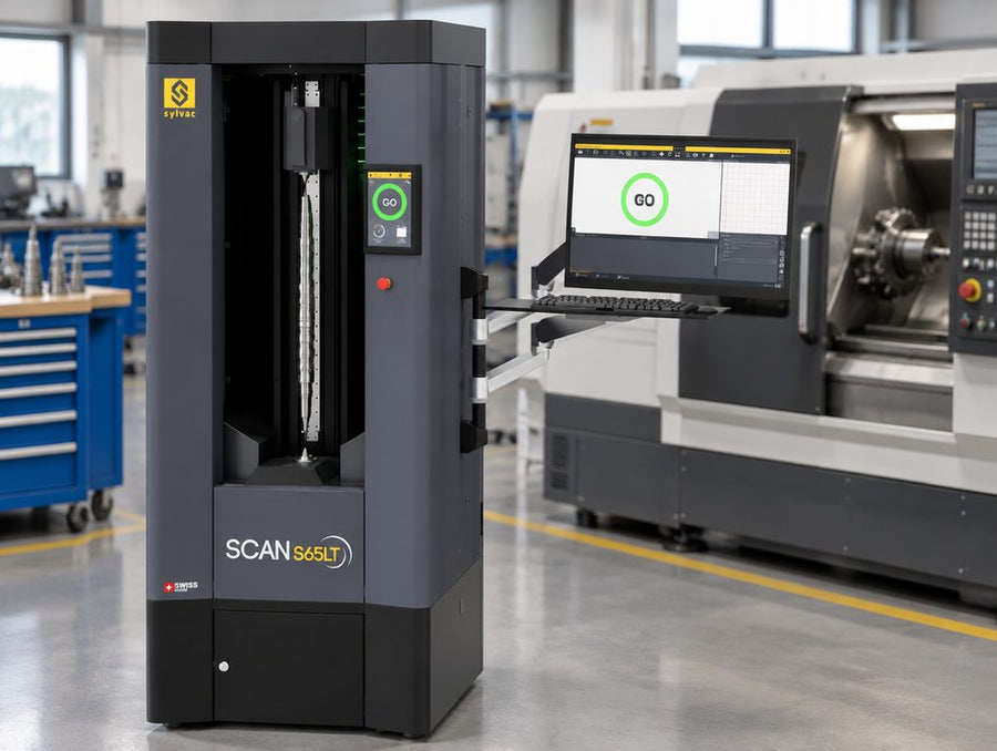 Fowler Sylvac SCAN S65LT showing a GO result next to a CNC lathe
