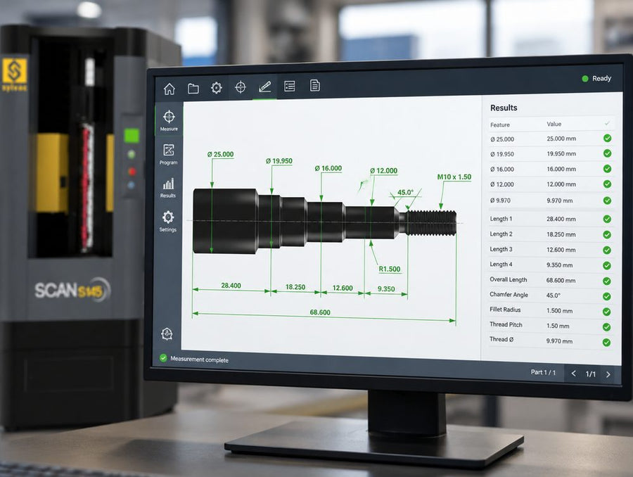 Fowler Sylvac SCAN software showing a measured shaft profile with every dimension in tolerance