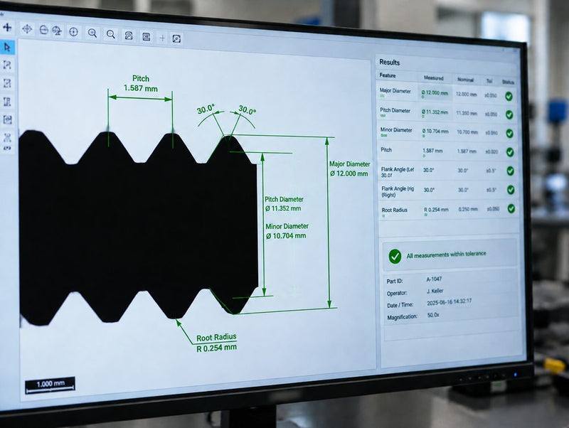 Thread pitch, pitch diameter and flank angles measured on a Fowler Sylvac SCAN