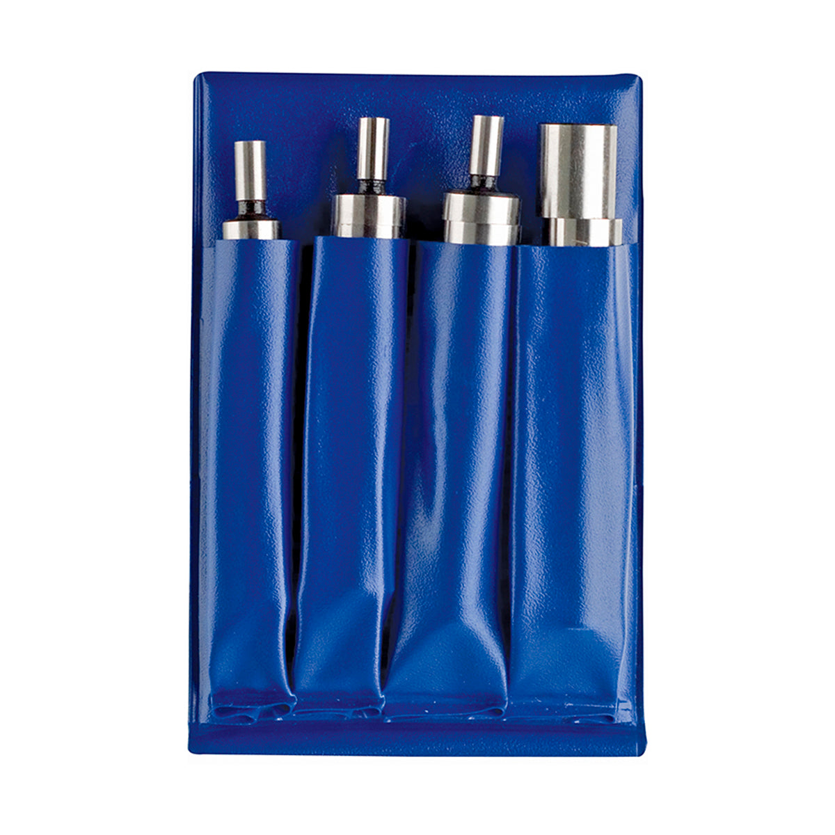 The Fowler Edge Finder Set is a collection of four cylindrical metal tools featuring a shiny finish, all neatly stored in a blue plastic fitted case with individual compartments. This set is ideal for precision tasks due to its varying sizes.