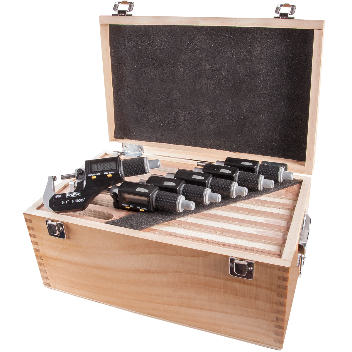 Introducing the 0 - 6"/0 - 150mm IP54 Electronic Micrometer Set, housed in a wooden storage case with a foam interior. This set includes electronic micrometers equipped with carbide measuring faces and textured grips for optimal handling. Each micrometer is neatly arranged with digital displays, and the open case reveals dedicated compartments for each tool, ensuring they remain protected against fluid and dust.