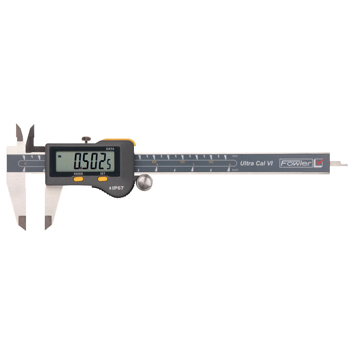 The Swiss Ultra Cal VI Digital Caliper with a 0-6"/150mm range shows a measurement of 0.5025 inches on its extra-large display. Featuring metal jaws and a black and gray body, this Fowler-branded tool is IP67 rated, making it ideal for precise measurements in challenging environments.