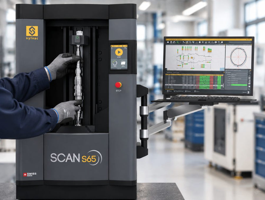 Operator loading a shaft between centers on a Fowler Sylvac SCAN S65