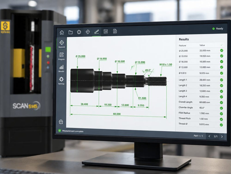 Fowler Sylvac SCAN software showing a measured shaft profile with every dimension in tolerance